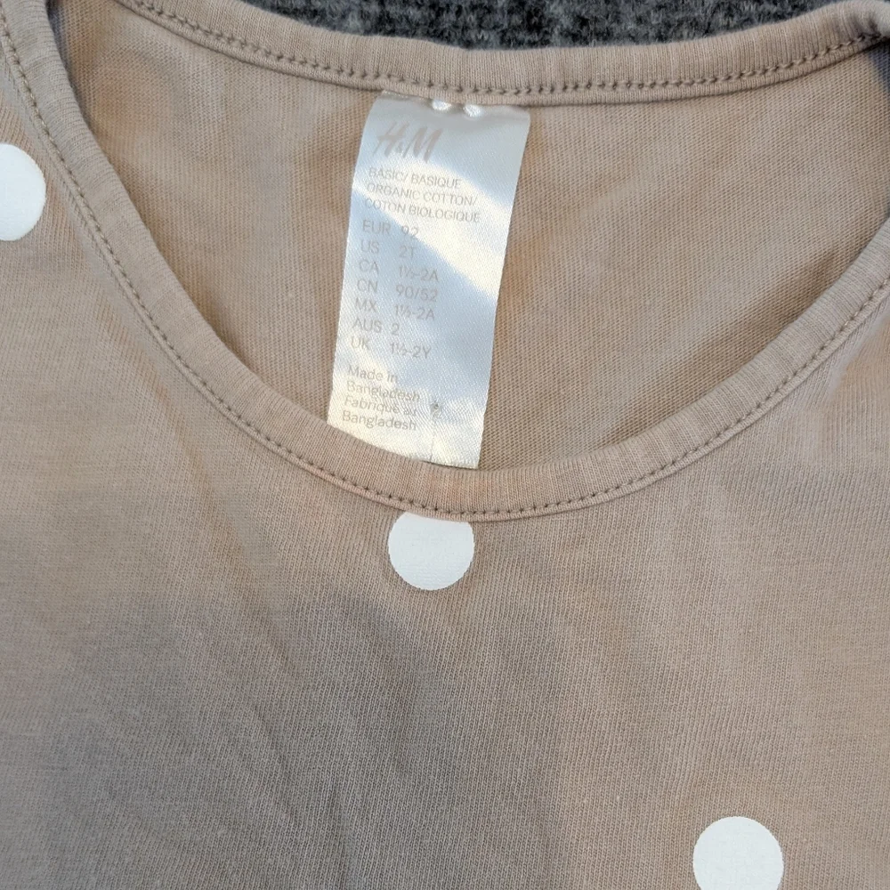 Neutral Tan And White Polkadot Long Sleeve Dress